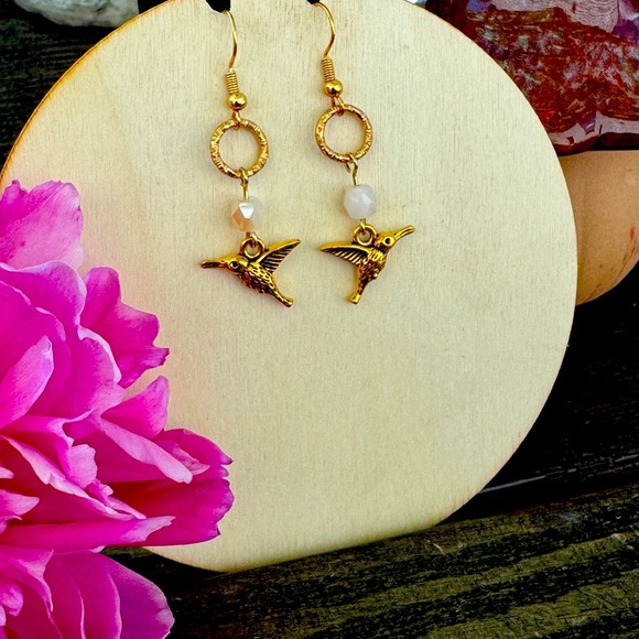 Whimsical Gold Hummingbird Earrings - Picture 2 of 2